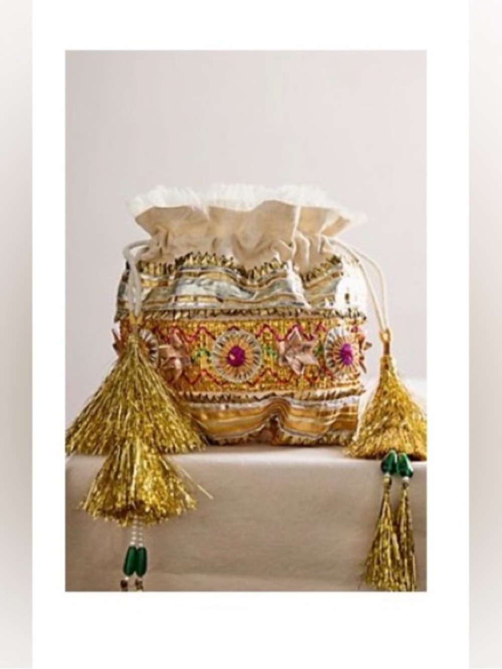 Free People Gift Bag Embroidered Gold Tassel Drawstring